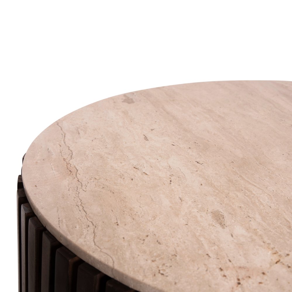 KREST WOHNZIMMERTISCH MASSIVES AKAZIENHOLZ IN BRAUN-TRAVERTIN Φ90x40cm