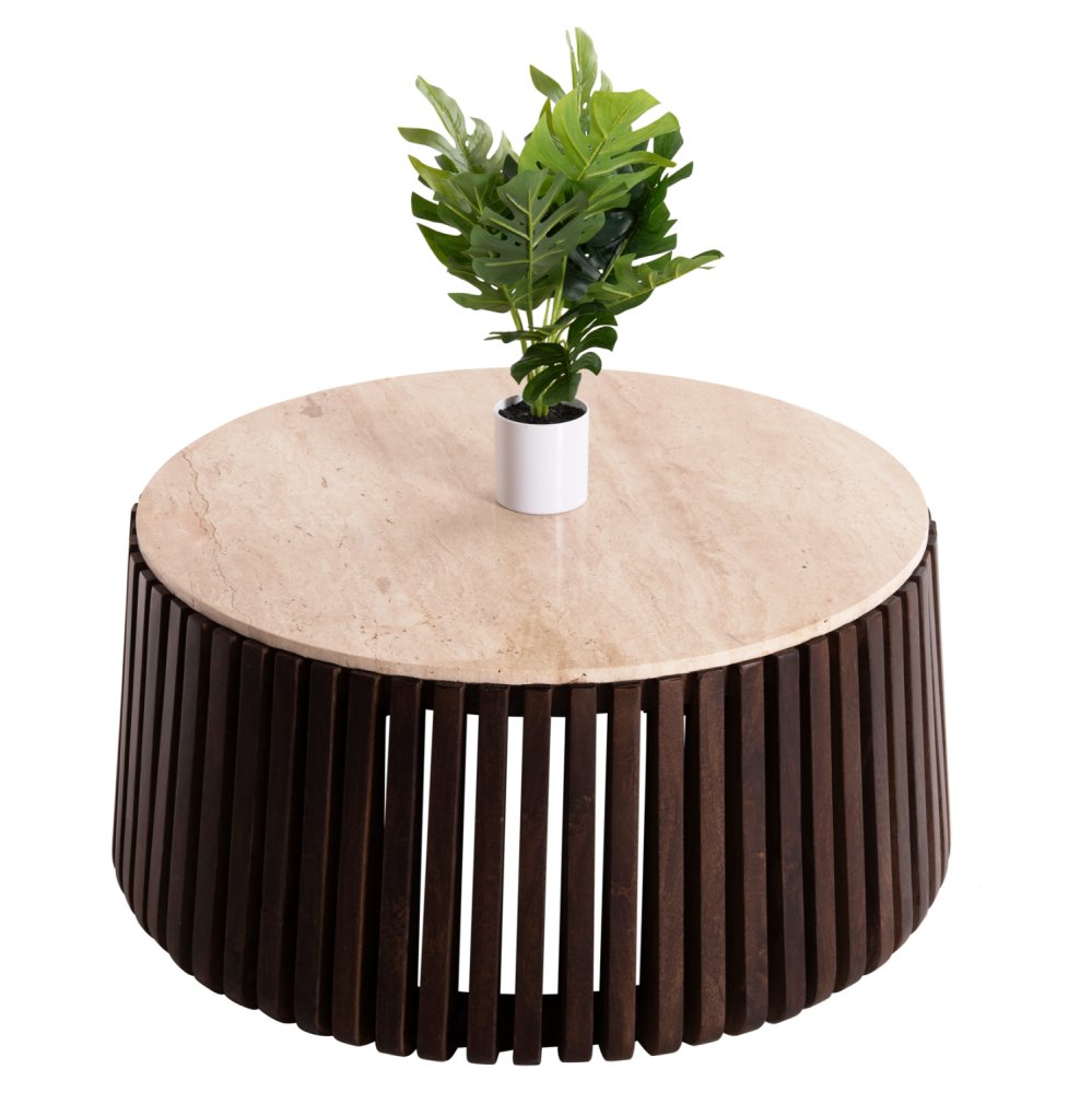 KREST WOHNZIMMERTISCH MASSIVES AKAZIENHOLZ IN BRAUN-TRAVERTIN Φ90x40cm