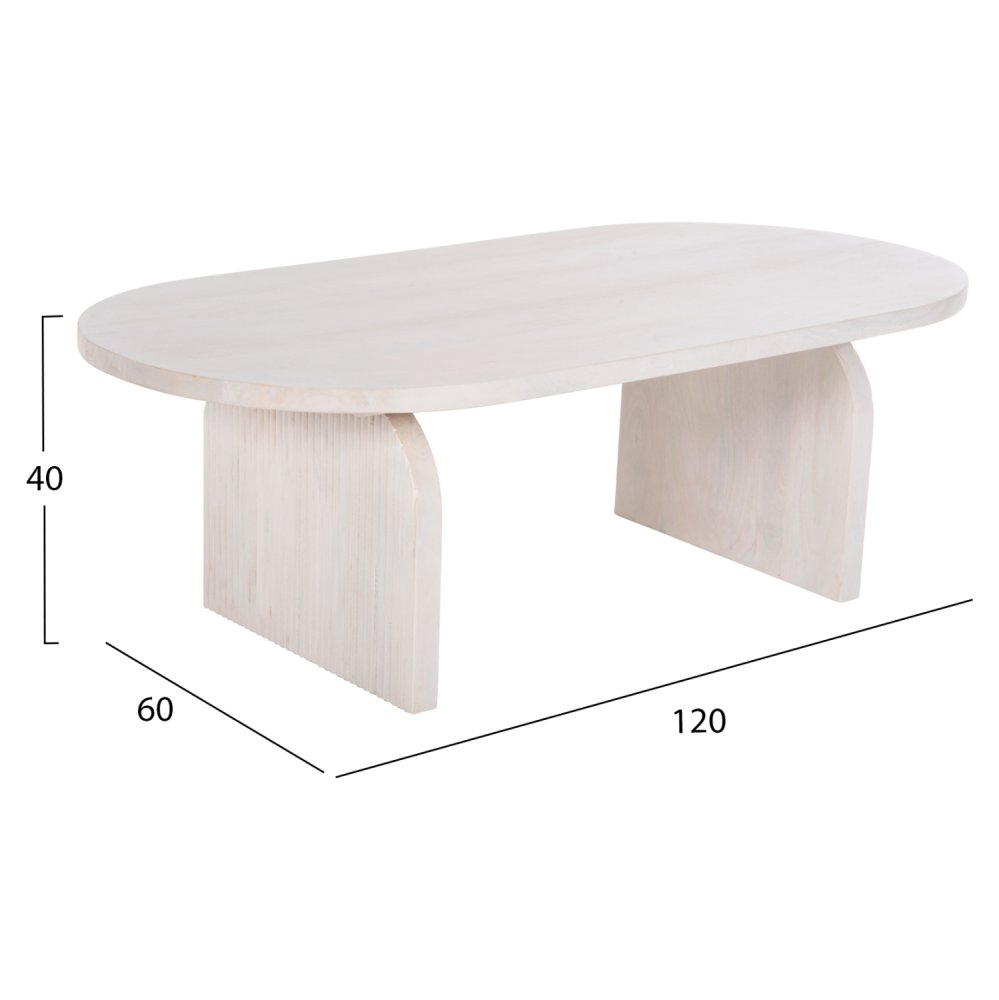 COUCHTISCH OVAL HONKY MANGOHOLZ MASSIV IN WEISS 120x60x40Hcm