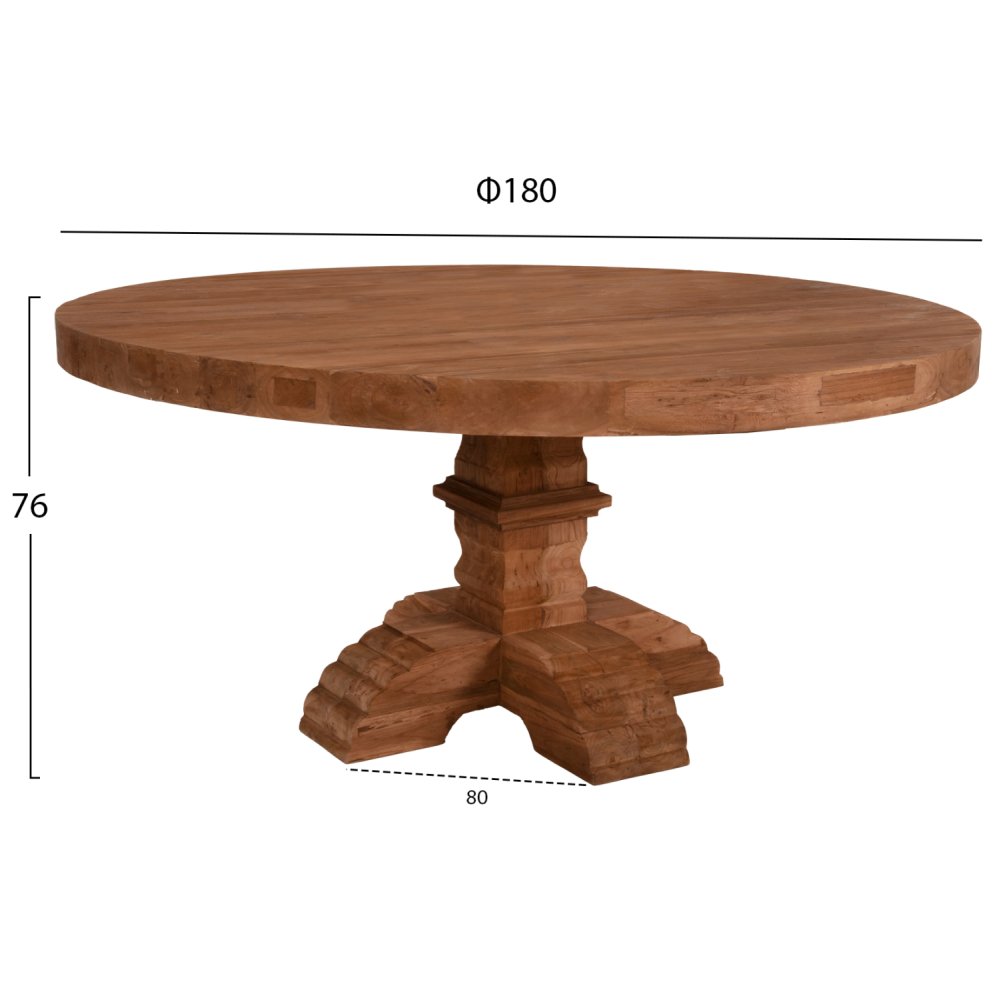 ESSTISCH RUND PROVENCE RECYCELTES TEAKHOLZ MIT GESCHNITZTEN BEIN-8cm.TISCHPLATTE Φ180x76Hcm