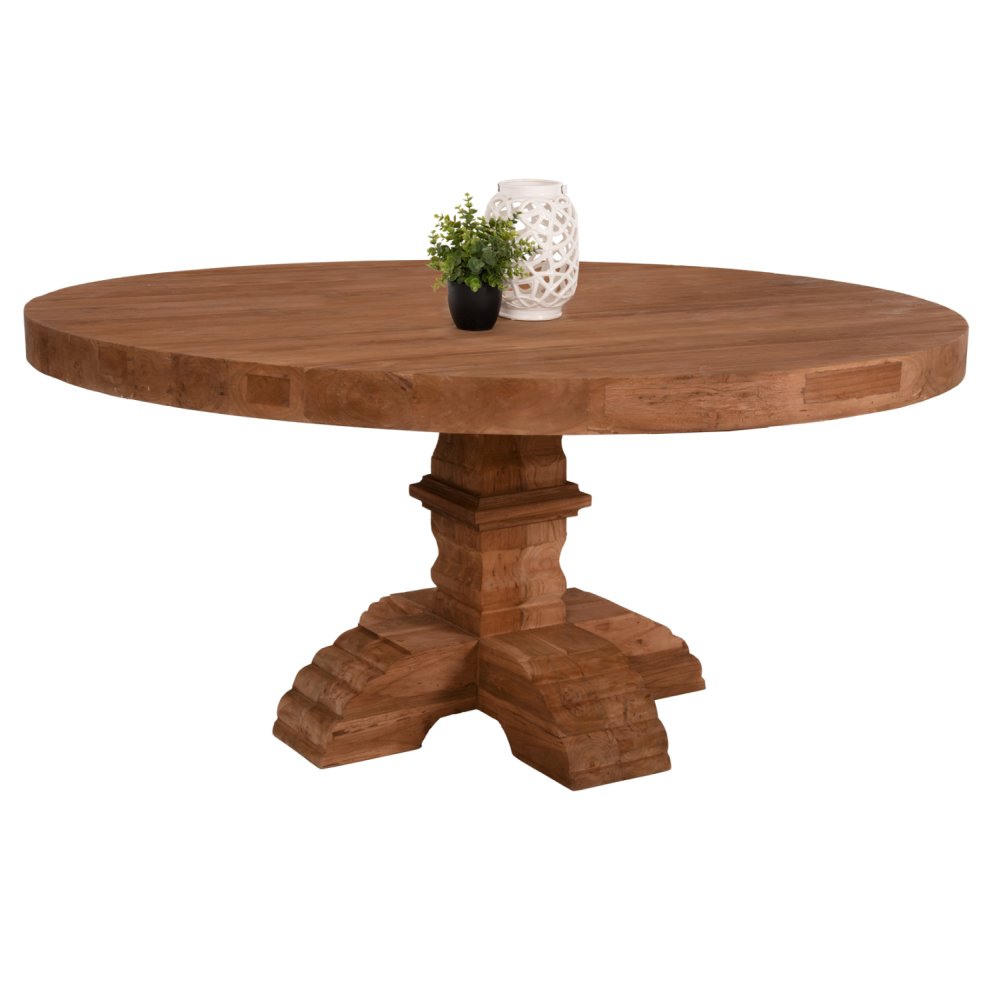 ESSTISCH RUND PROVENCE RECYCELTES TEAKHOLZ MIT GESCHNITZTEN BEIN-8cm.TISCHPLATTE Φ180x76Hcm