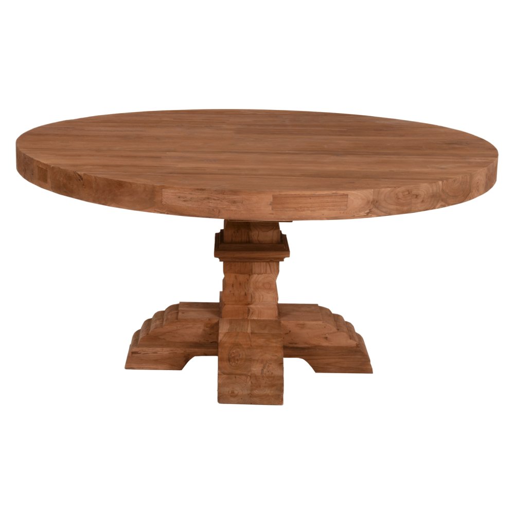 RUNDER TISCH PROVENCE RECYCLING. GESCHNITZTES BEIN AUS TEAKHOLZ - 8 cm. OBERFLÄCHE Φ150x76cm