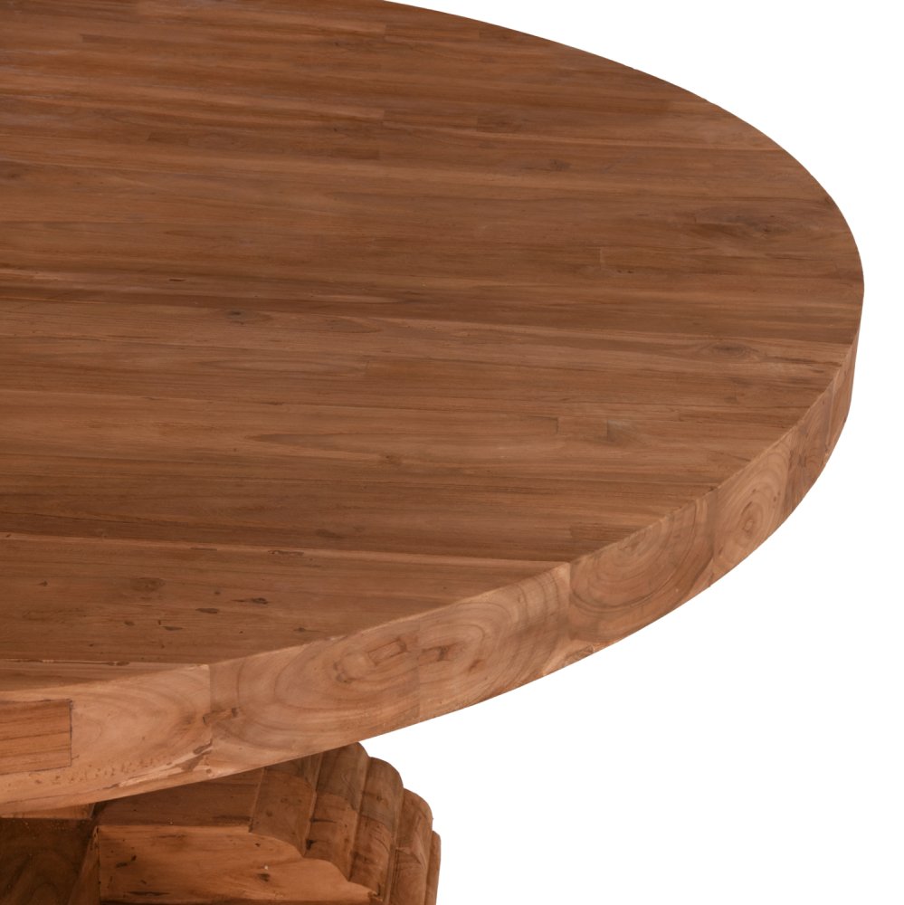 RUNDER TISCH PROVENCE RECYCLING. GESCHNITZTES BEIN AUS TEAKHOLZ - 8 cm. OBERFLÄCHE Φ150x76cm