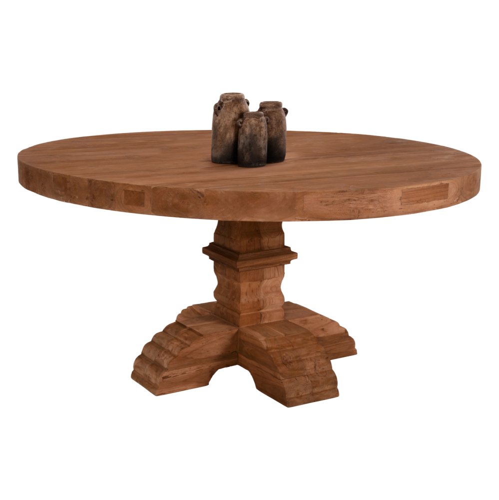RUNDER TISCH PROVENCE RECYCLING. GESCHNITZTES BEIN AUS TEAKHOLZ - 8 cm. OBERFLÄCHE Φ150x76cm