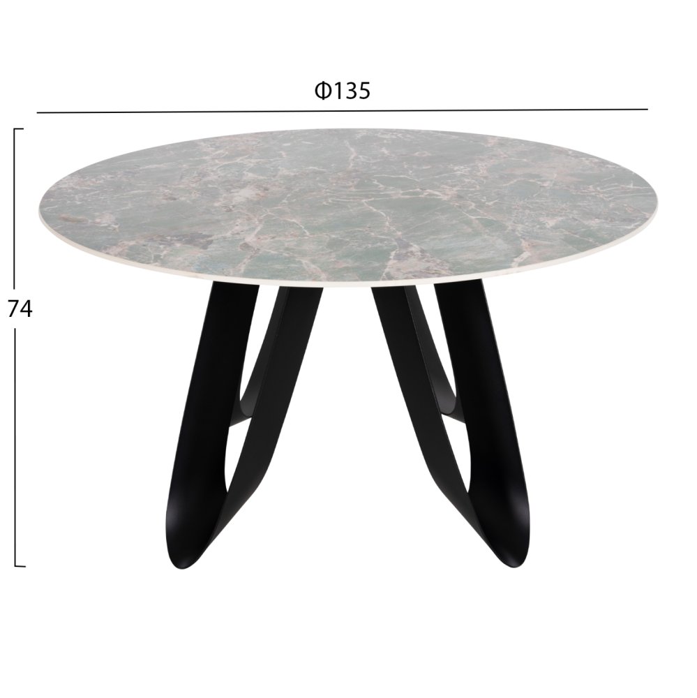 RUNDER ESSTISCH TISCHPLATTE AUS GRAUEM MARMOR UND KERAMIK, SCHWARZE METALLBEINE, Φ135 x 74 Hcm