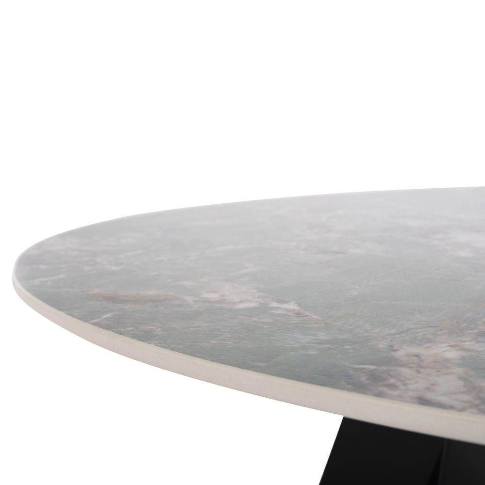 RUNDER ESSTISCH TISCHPLATTE AUS GRAUEM MARMOR UND KERAMIK, SCHWARZE METALLBEINE, Φ135 x 74 Hcm