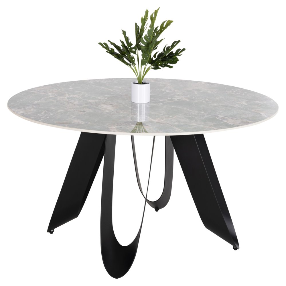 RUNDER ESSTISCH TISCHPLATTE AUS GRAUEM MARMOR UND KERAMIK, SCHWARZE METALLBEINE, Φ135 x 74 Hcm