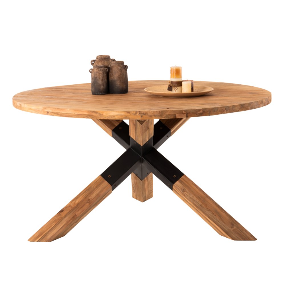 RUNDER ESSTISCH AUS TEAKHOLZ MIT KREUZBEIN DESIGN UND METALLBEINEN Φ150x78cm
