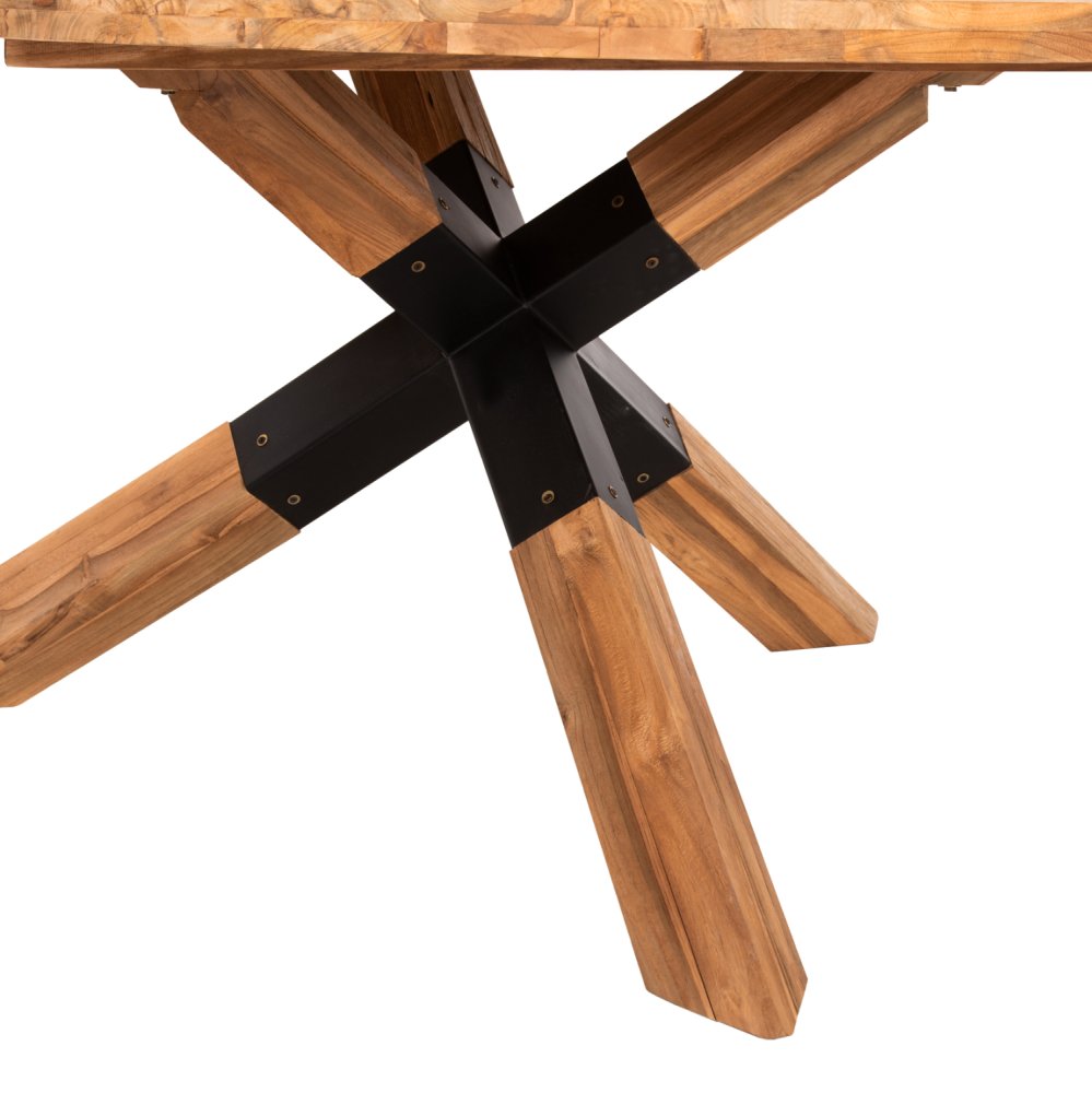 RUNDER ESSTISCH AUS TEAKHOLZ MIT KREUZBEIN DESIGN UND METALLBEINEN Φ150x78cm