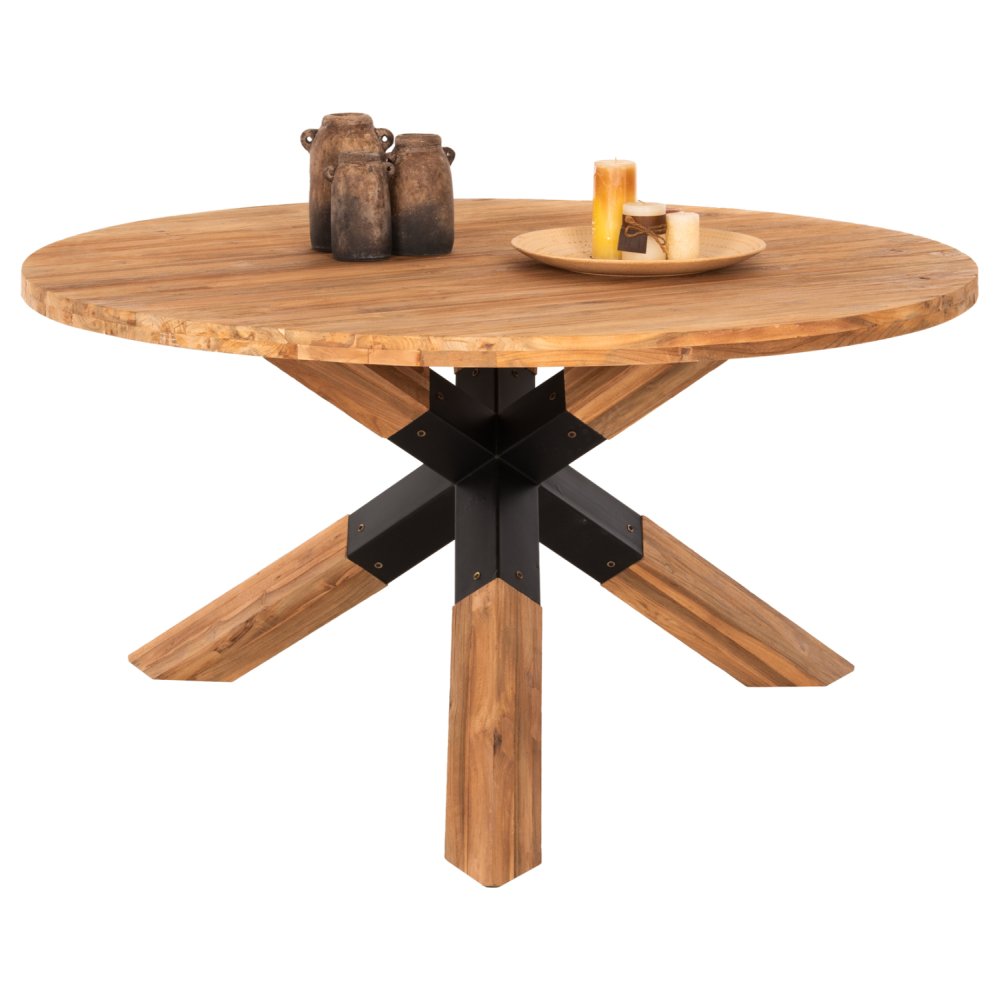 RUNDER ESSTISCH AUS TEAKHOLZ MIT KREUZBEIN DESIGN UND METALLBEINEN Φ150x78cm