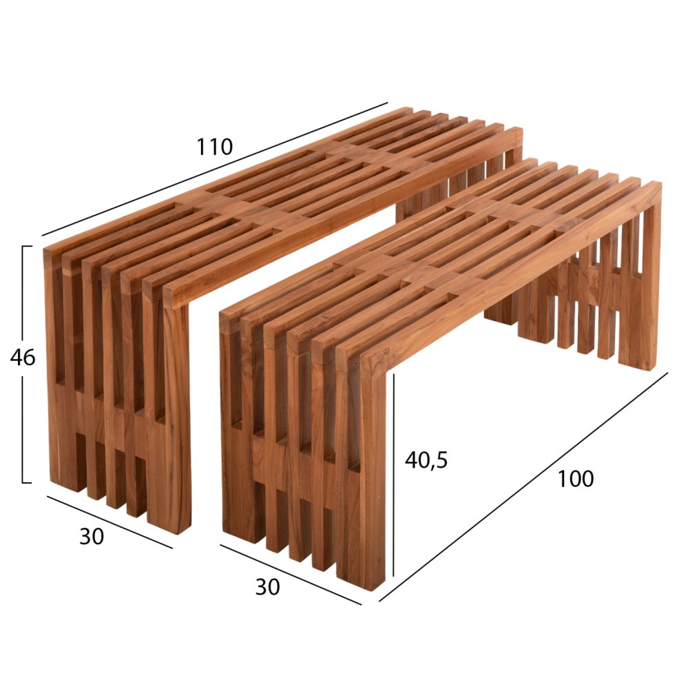COUCHTISCHE 2-TEILIGES SET MASSIVES TEAKHOLZ IN NATURAL 110x30x46Hcm