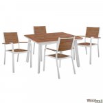 5 Stk. Esstisch-Set Tisch mit weißem Aluminiumrahmen und Polywood-Oberfläche + 4 Sessel aus Aluminiumrahmen in weißer Farbe mit Sitzfläche, Armlehnen und Rückenlehne aus Polywood-Material in Naturholz