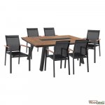 Esstisch-Set 7 Stk. | Tisch Polywood und Aluminiumrahmen | 6 Sessel aus Aluminiumrahmen mit grauem Rahmen und schwarzem Textline-Sitz