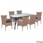 Esstisch aus Metall mit sechs Sessel aus Wicker in Farbe Braun Mokka