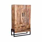 Hochschrank Bolivien 2-Türig 100x40x160 Cm Raues Mangoholz | Schwarzes Metall