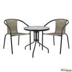 Outdoor-Esstisch-Set mit 1 Metall-Außentisch in grau-anthrazitfarbener Farbe mit eingebautem Sicherheitsglas |  2 Sessel mit hellgrauem Weidenkunststoff bezogen