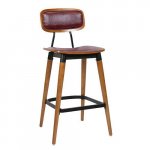 Barhocker "Studo" aus bordeaux rotem Kunstleder und Gestell aus Eiche und Metall