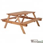 Picnic Tisch mit zwei Bänken aus Holz natürliche Farbe