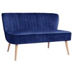 Zweisitzer ANDY Sofa mit Samtstoff in Farbe Blau und Holzbeinen in Naturton.