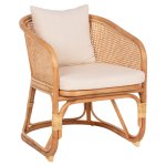 SESSEL NIKO RATTAN IN NATURPOLIERTER FARBE-WEIßE KISSEN 61x72x75-80Hcm