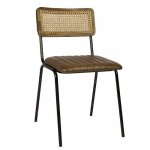 Stuhl "Jens" aus 100% Büffelleder mit Rattanrücken und Metallbeinen in Farbe Cognac